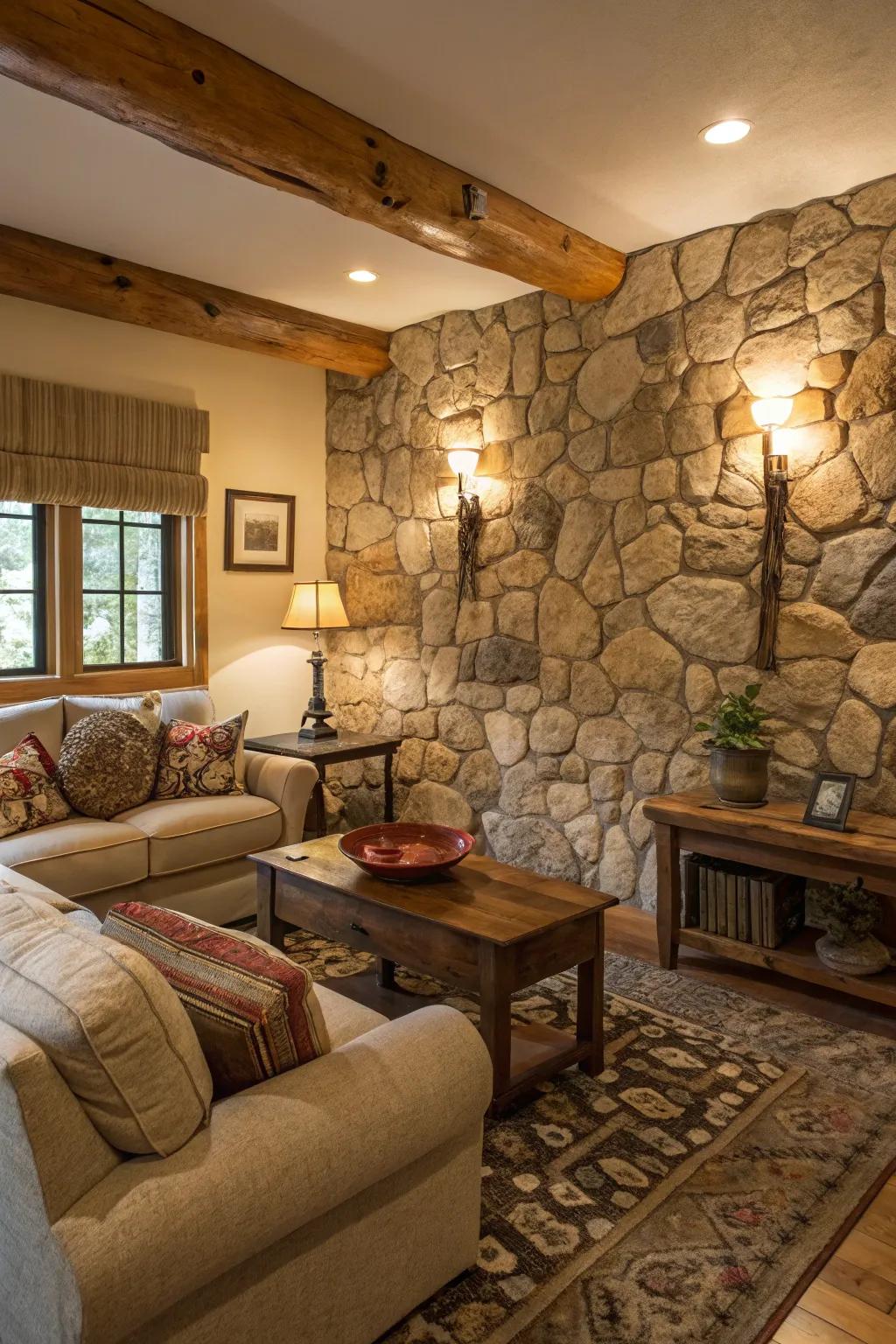 A living room is displayed, complete with a beautifully textured rustic stone wall.