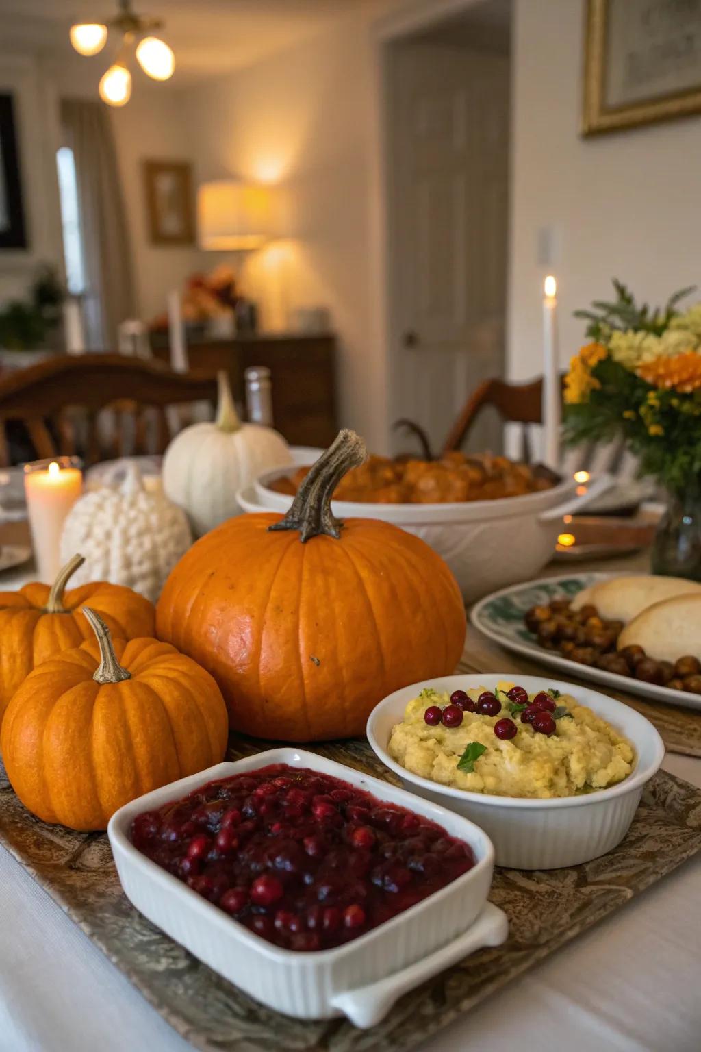 Gourds in a variety of sizes form an enchanting centerpiece.