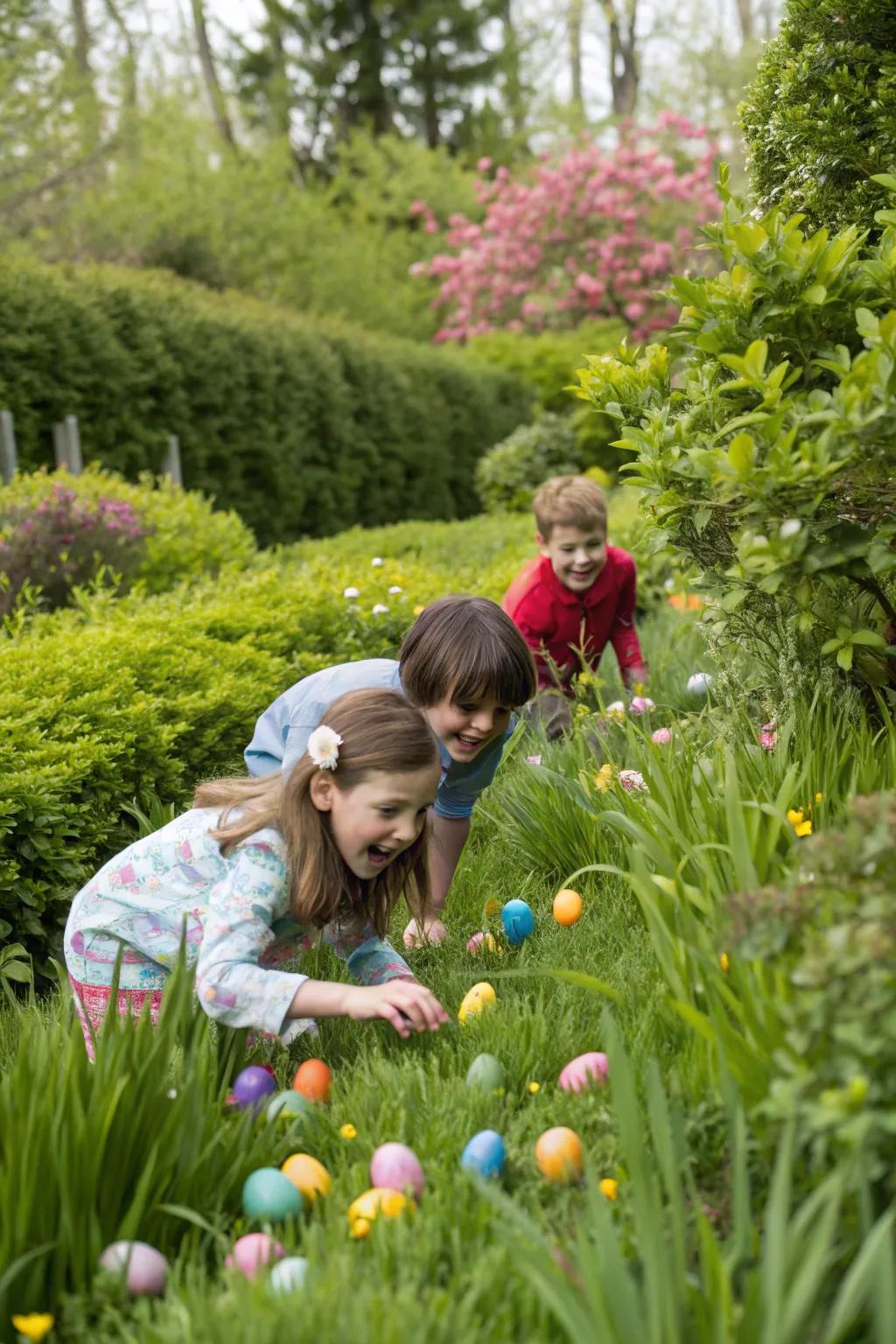 Children relishing a delightful Easter egg expedition.