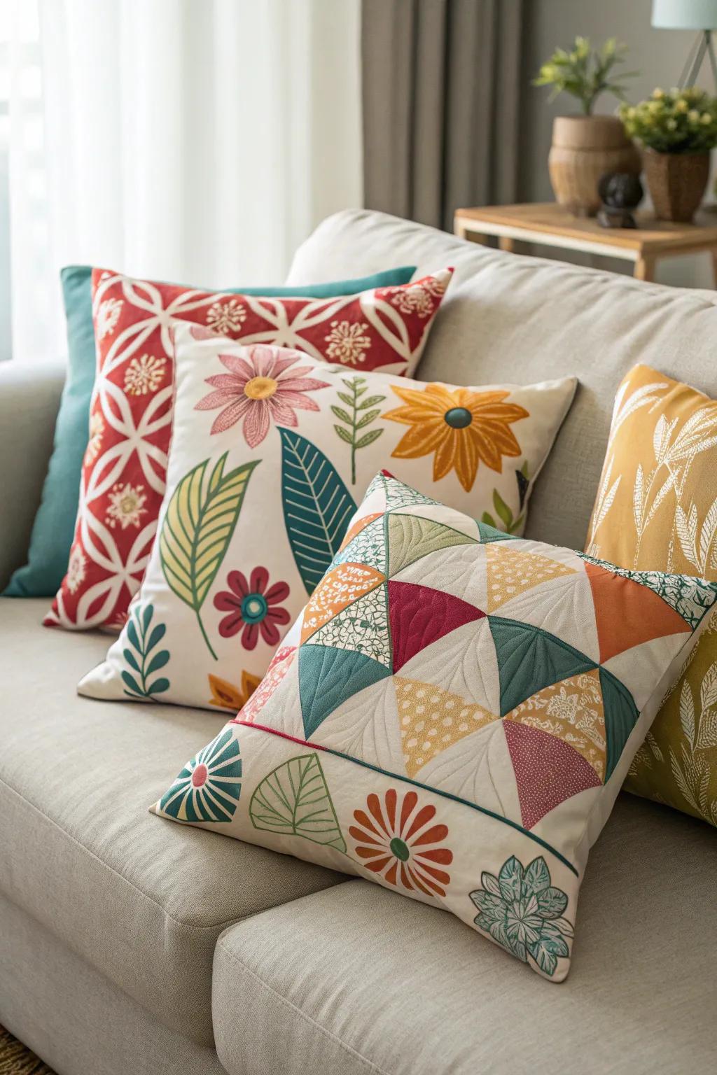 A vibrant combination of designs featuring angular and flowered elements on an inviting couch.