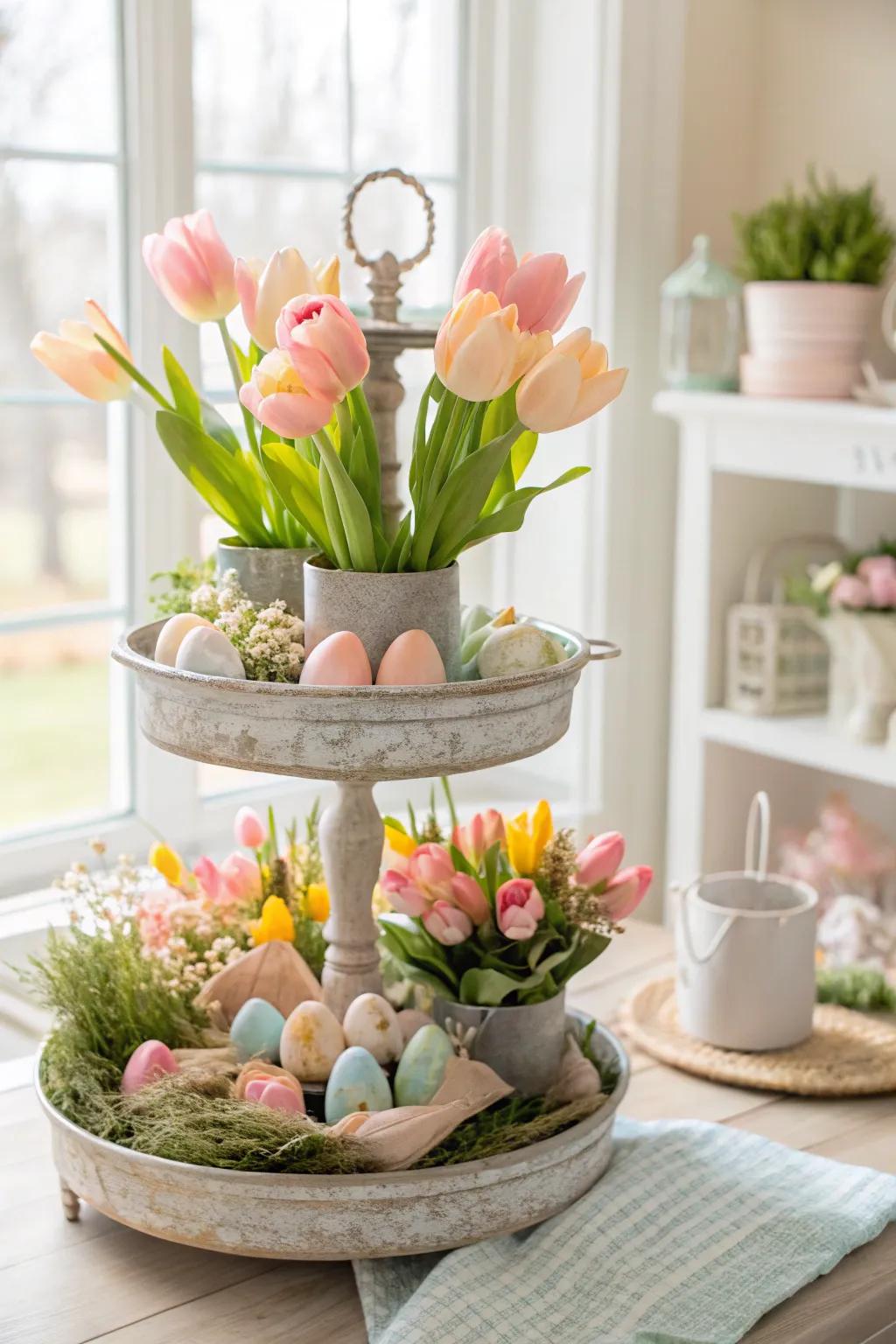 A spring-influenced tiered display brimming with vibrant faux tulips.