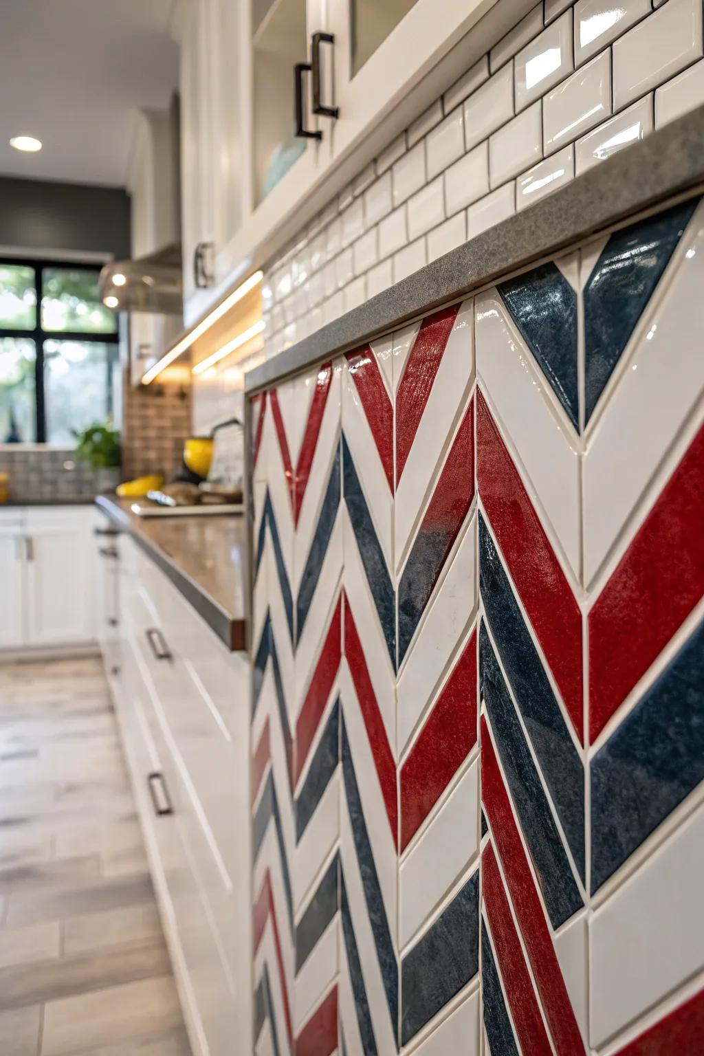 A striking chevron design introduces a captivating aspect to this cooking area backdrop.