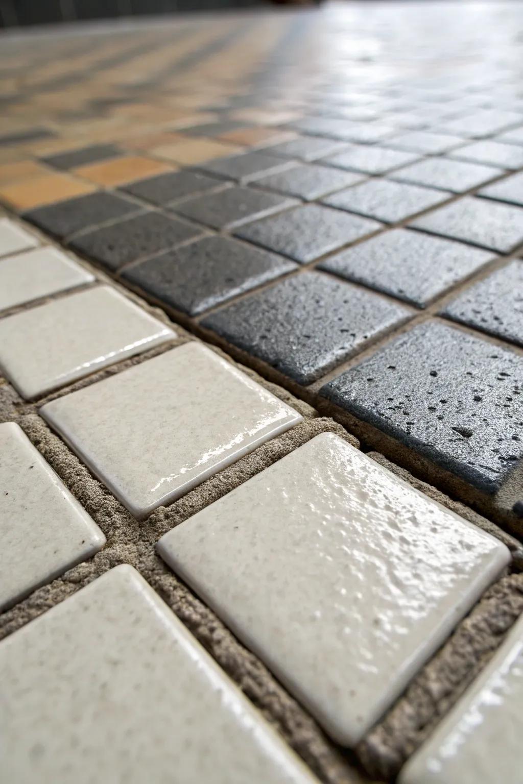 A textural contrast enriches this tile conversion. <strong><em>Depth redefined!</em></strong>” loading=”lazy” class=”pimg”>
	</picture><figcaption>A textural contrast enriches this tile conversion. <strong><em>Depth redefined!</em></strong></figcaption></figure>
<p>Integrating diverse <strong><em>textures</em></strong> can bring profoundness and intrigue to your ground conversions. What I find particularly appealing is juxtaposing a rugged stone with a polished ceramic tile to evoke a tangible sensation. <strong><em>The feeling is incredible.</em></strong></p>
<h3>Explore these options:</h3>
<ul class=