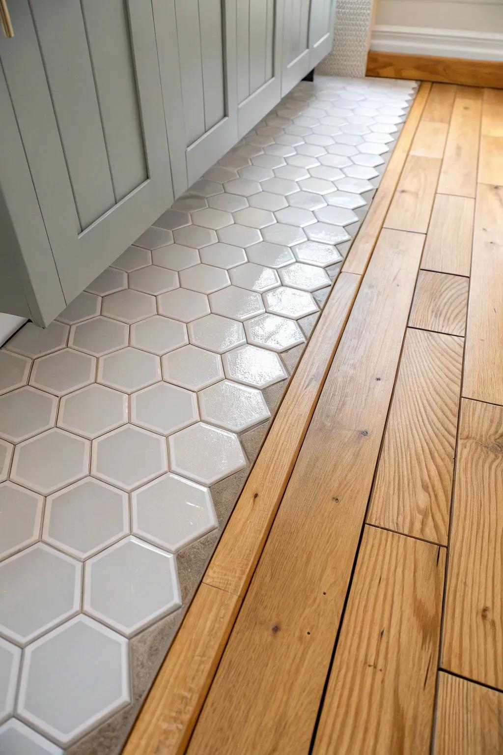 Hexagonal tiles artistically evolve into wooden planks.