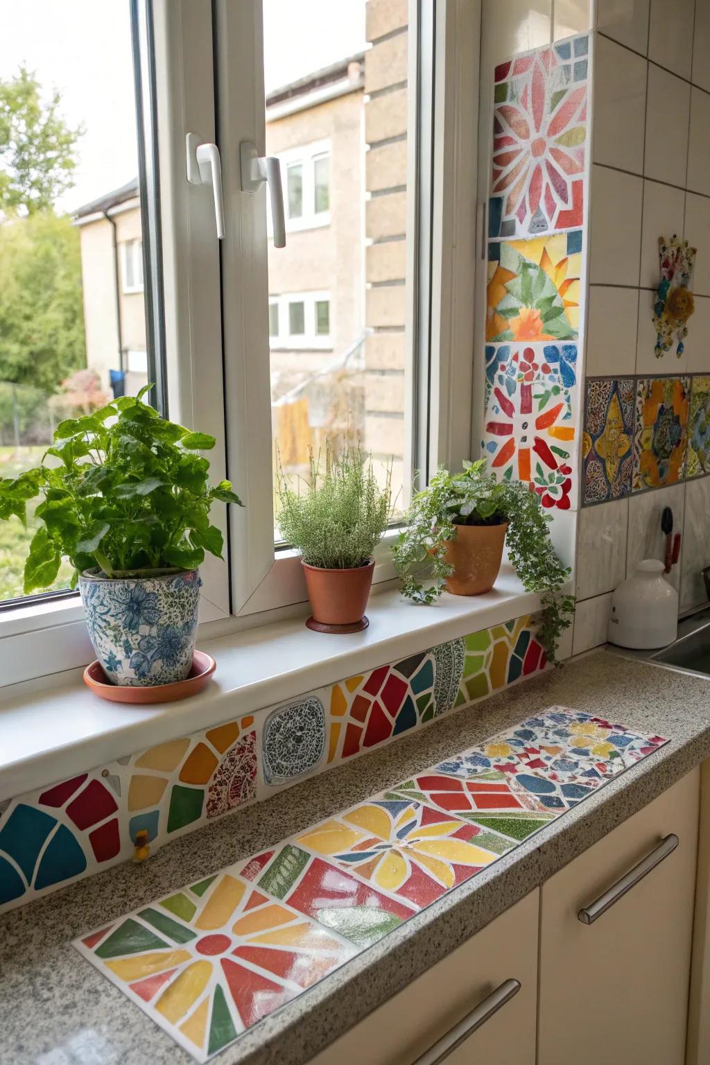 Vibrant mosaic tiles introduce a spirited and artistic element to this kitchen window sill.