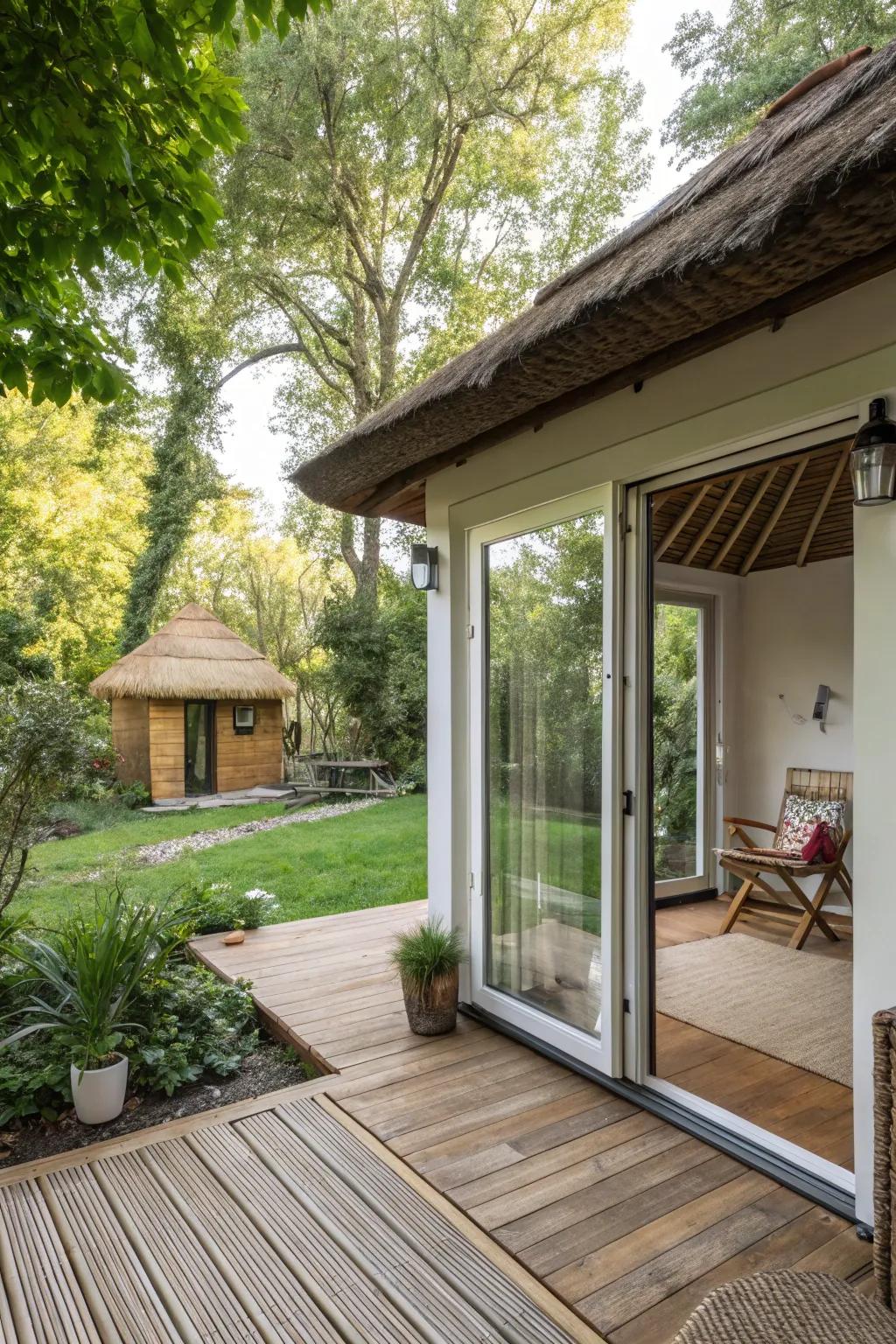 Paneled glass doors forge a seamless connection to the outdoors.