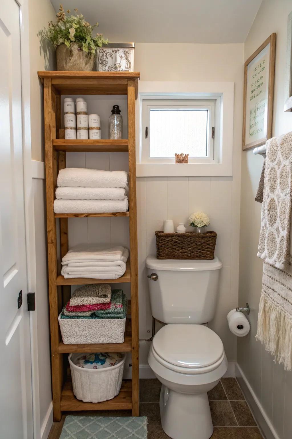 Over-the-toilet storage makes the most of unused space in a small bathroom.