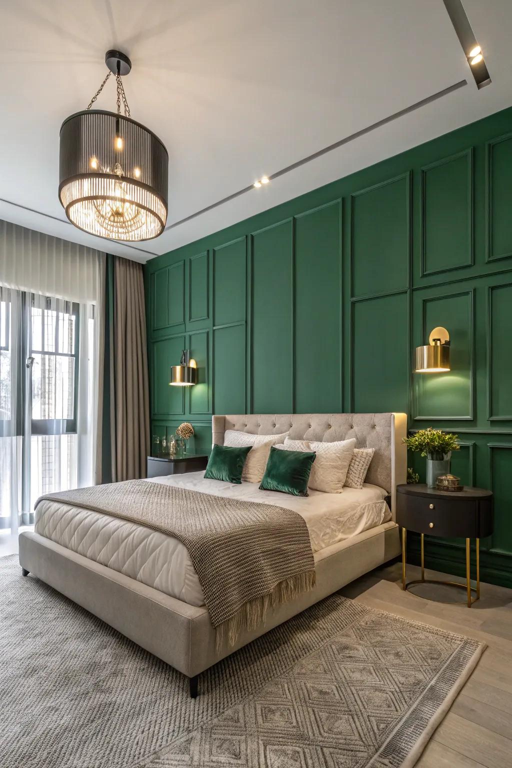 A boudoir flaunting an impressive wall splashed with verdant paint.