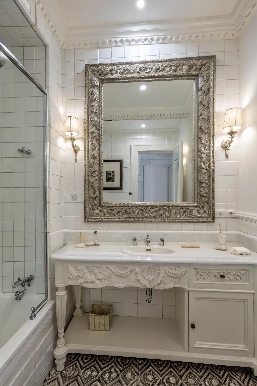 A classic white bathroom featuring a large, ornate mirror that introduces elegance and enhanced depth.