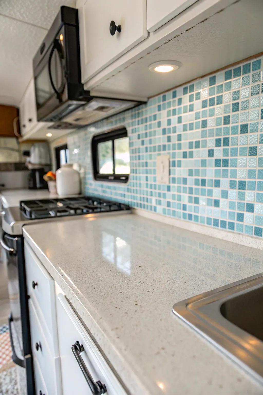 Stick-on squares provide a simple and versatile choice for your RV kitchen.