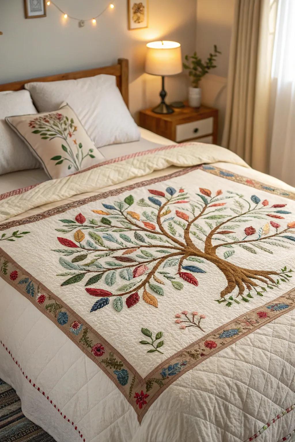 An embroidered Arbor Vitae blanket brings comfort to an inviting bed.