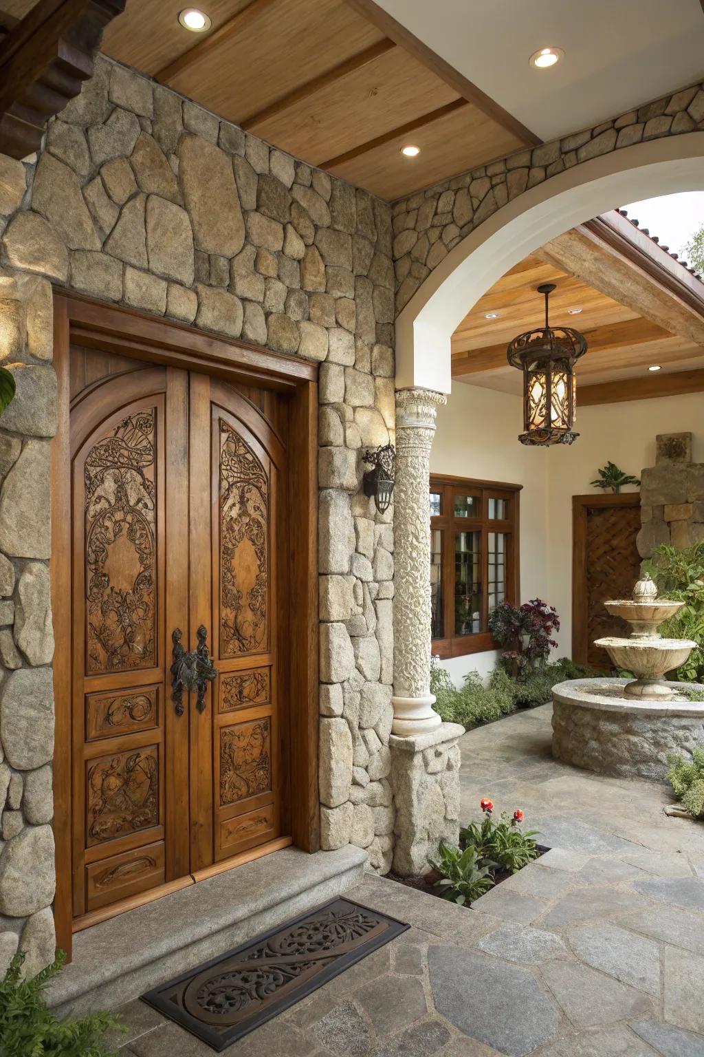 Authentic elements like timber and rock enhance the warmth of the entryway.