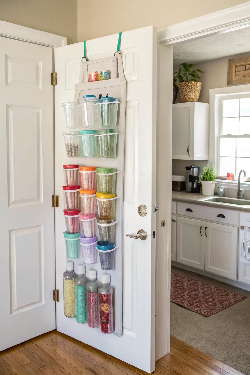 Suspended organizer affixed to a pantry door for storing tumblers.