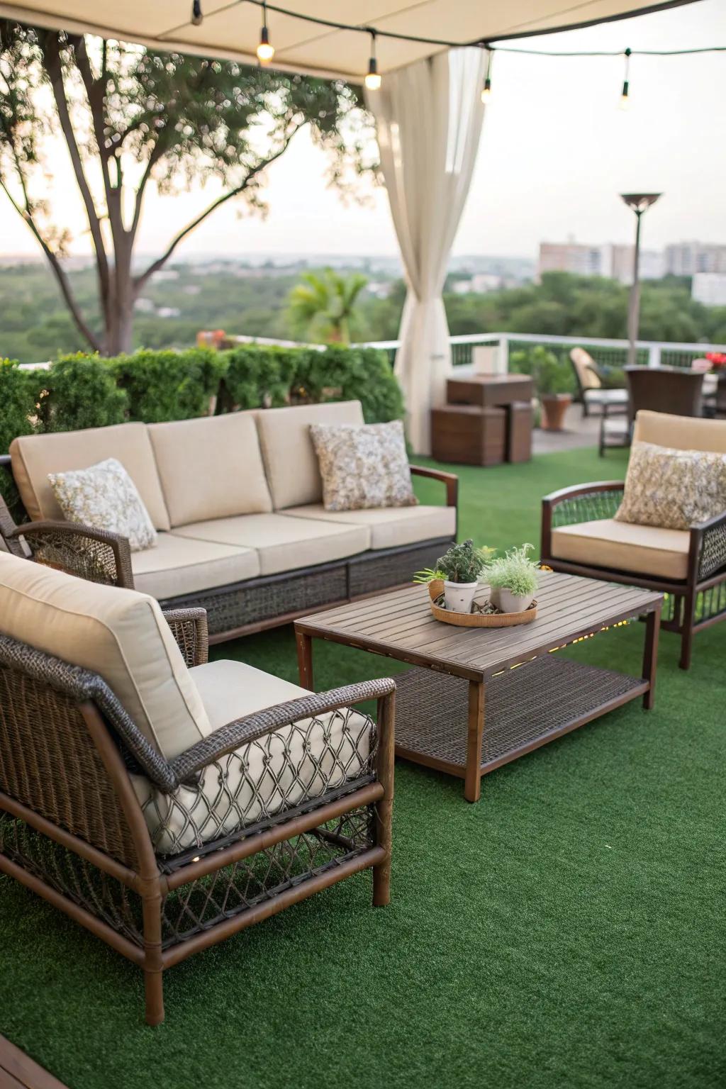 A serene relaxation zone situated on a turf patio.