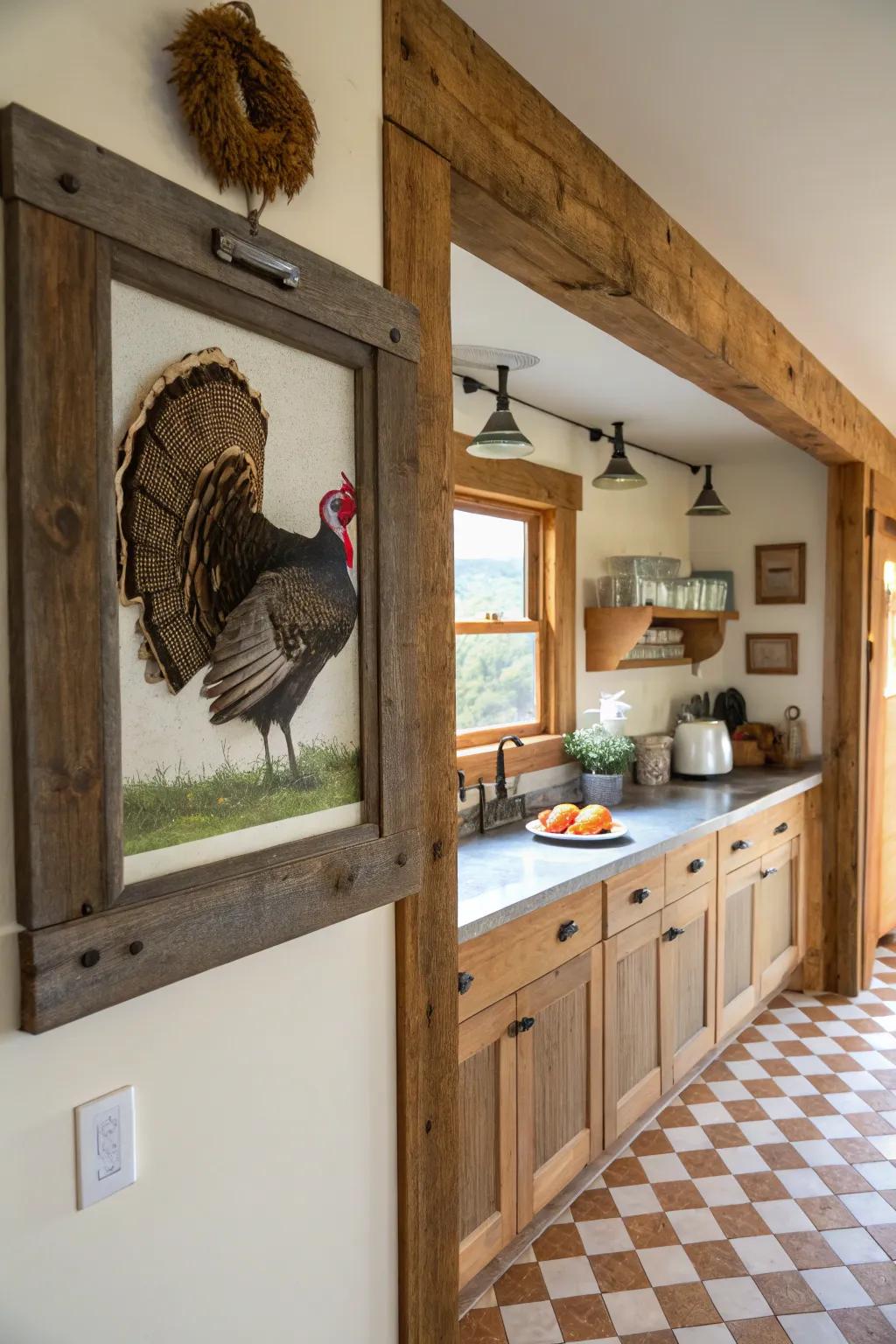 A turkey fan in a down-to-earth timber framework, ideal for a countryside aesthetic.