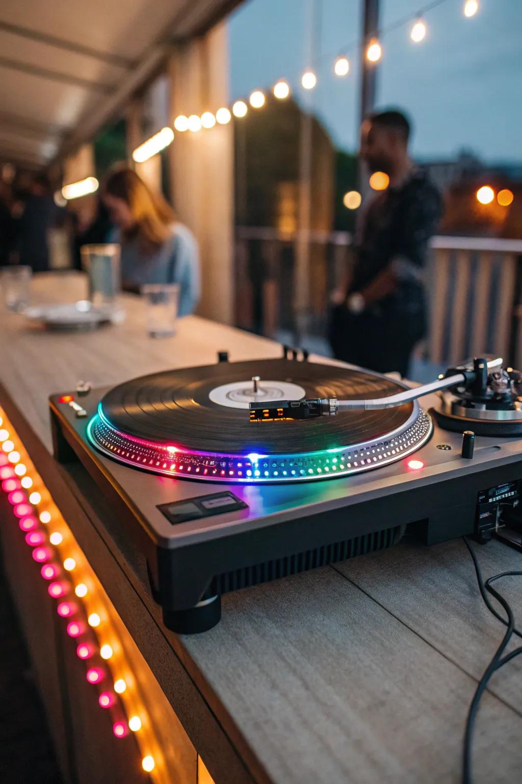 Colorful LED flexible lights enhancing a record player arrangement.