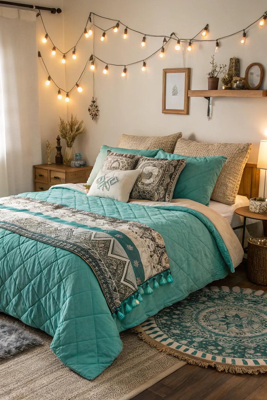 Luxurious turquoise bedding adds a touch of elegance.