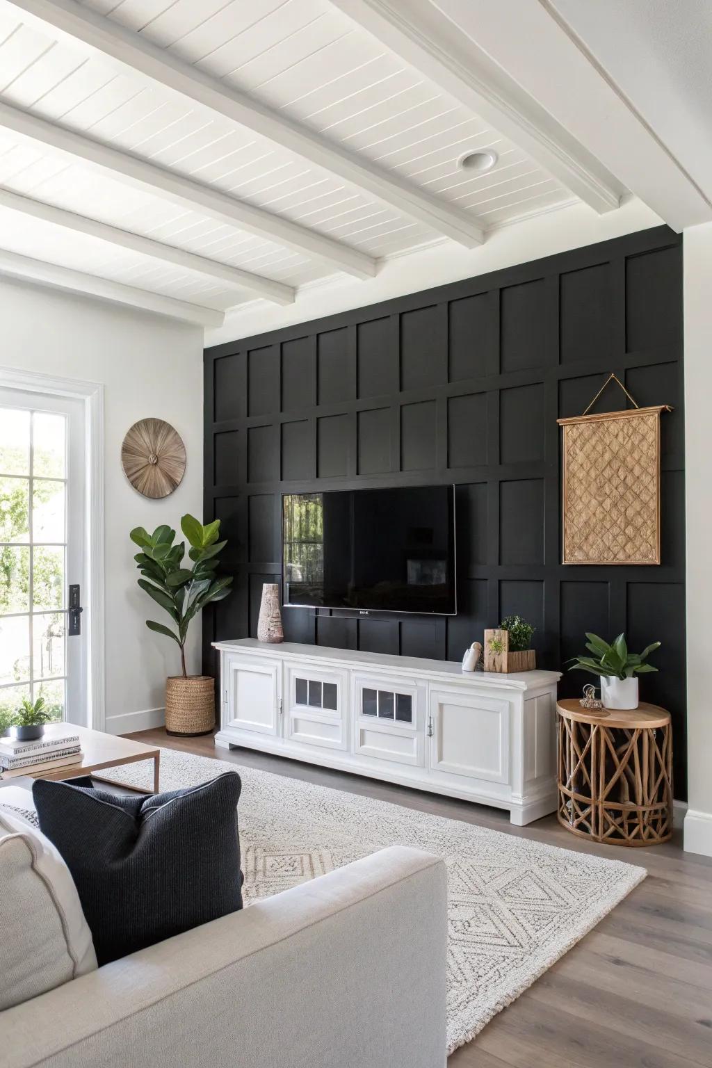 A dramatic dark accent wall seamlessly integrates the TV in a contemporary living area.