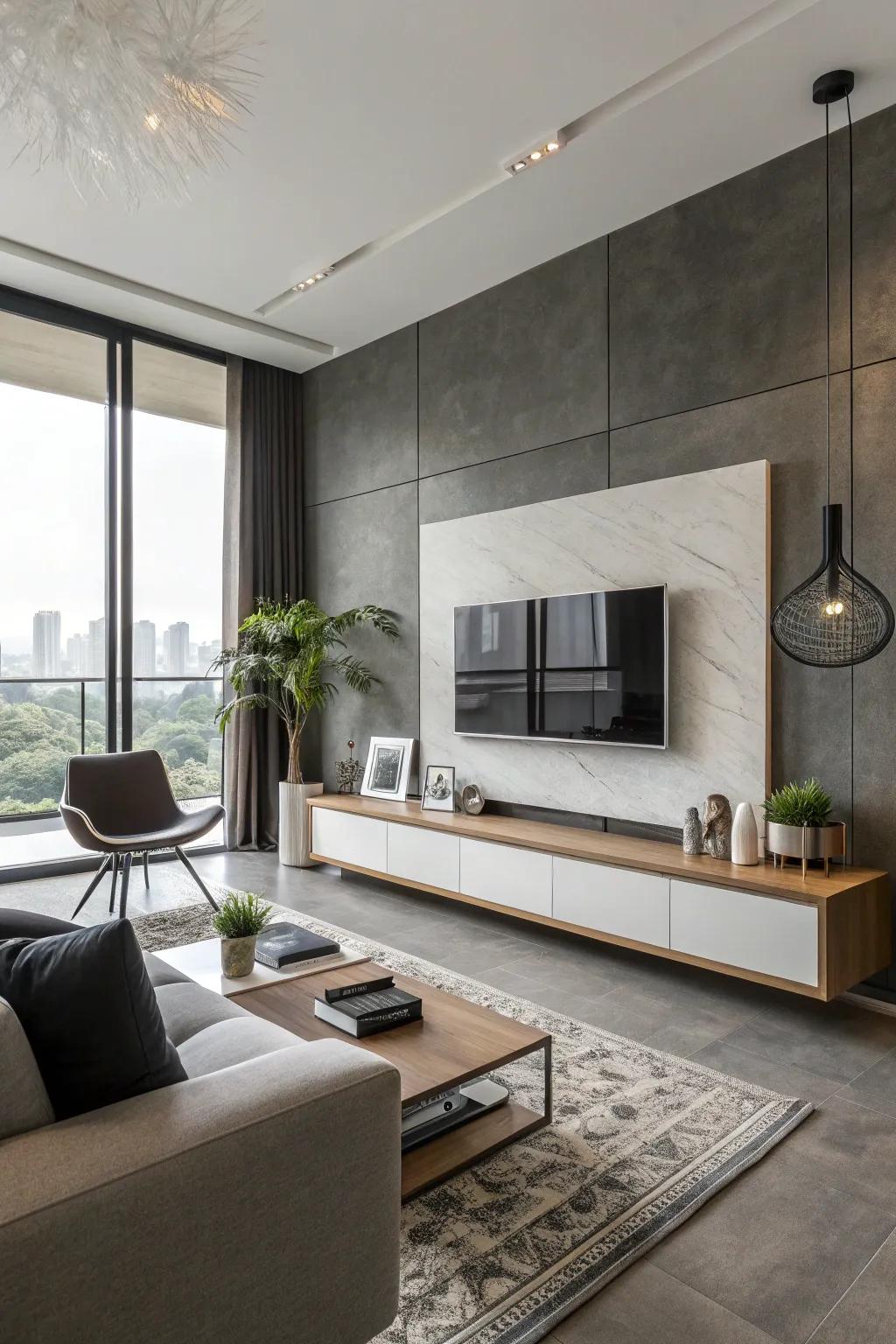 Floating TV fixtures offer sophistication and effective space usage.