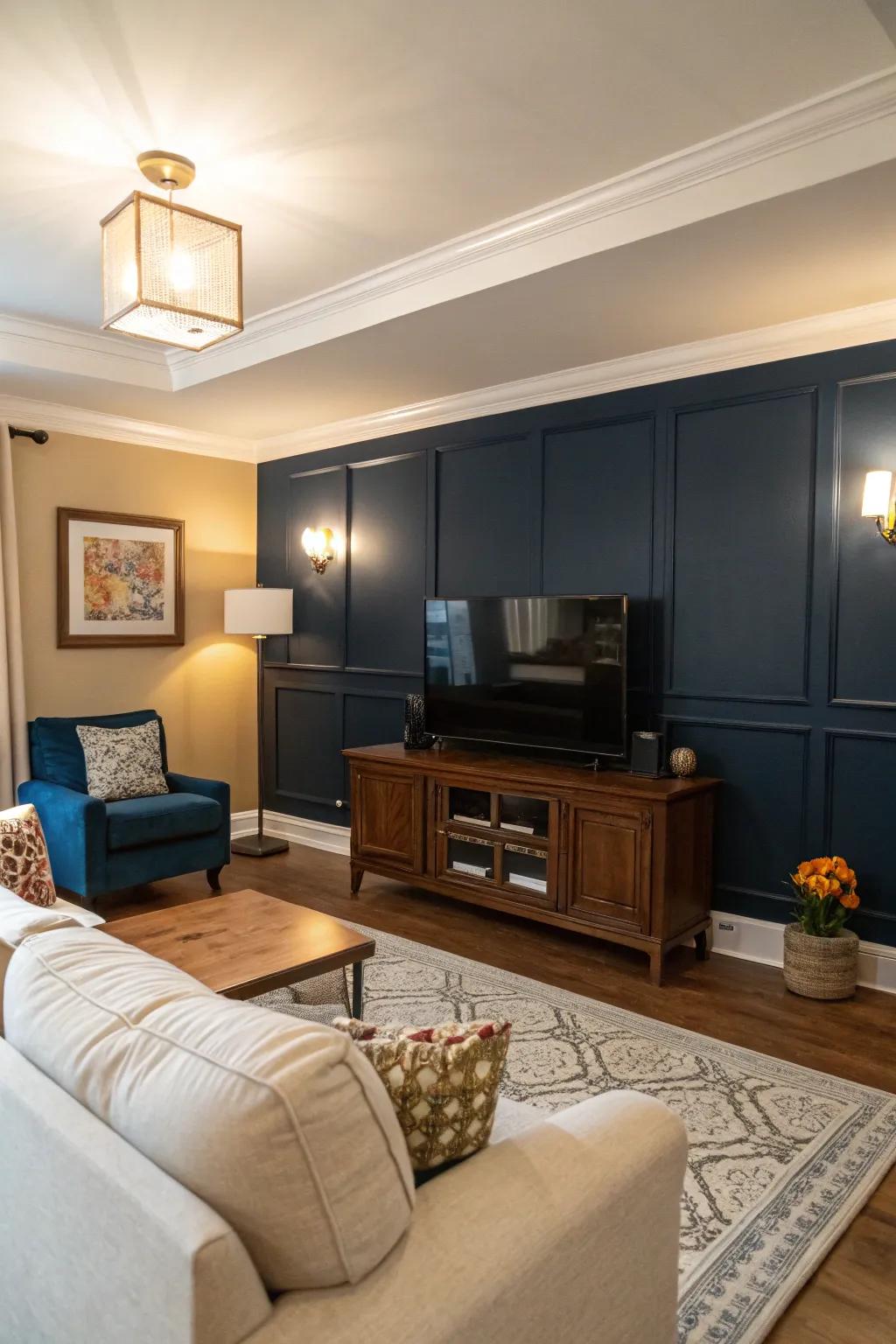 A TV displayed against a striking dark navy backdrop in a contemporary living space.