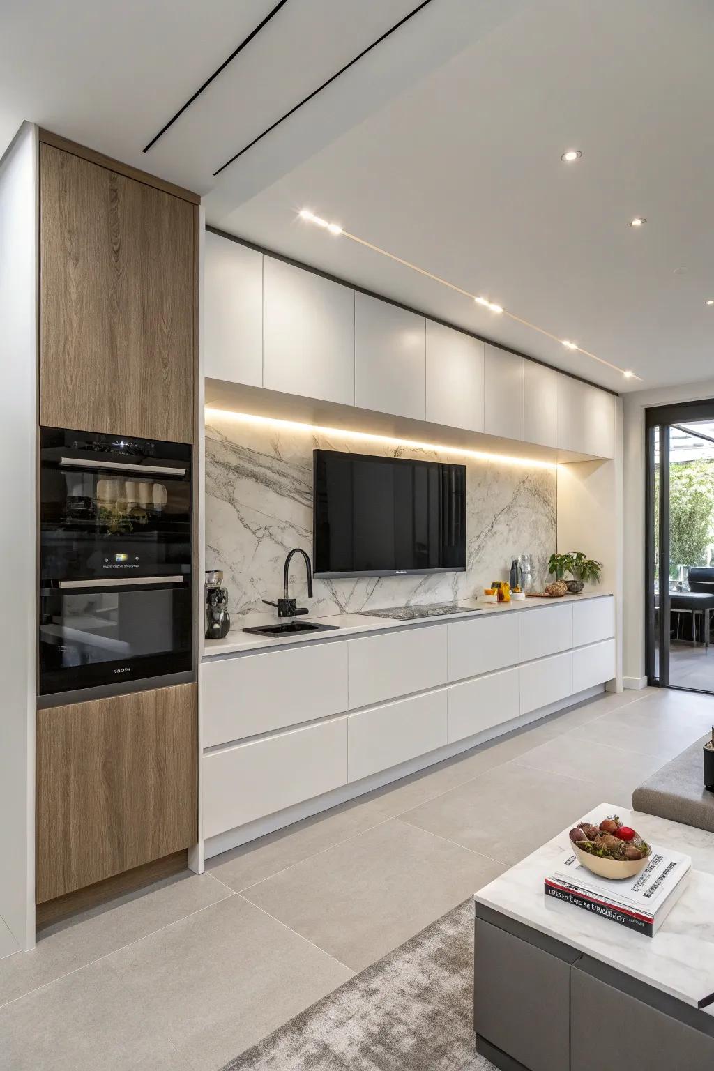 A cooking area showcasing a television flawlessly integrated into cabinetry, sustaining a sophisticated look.