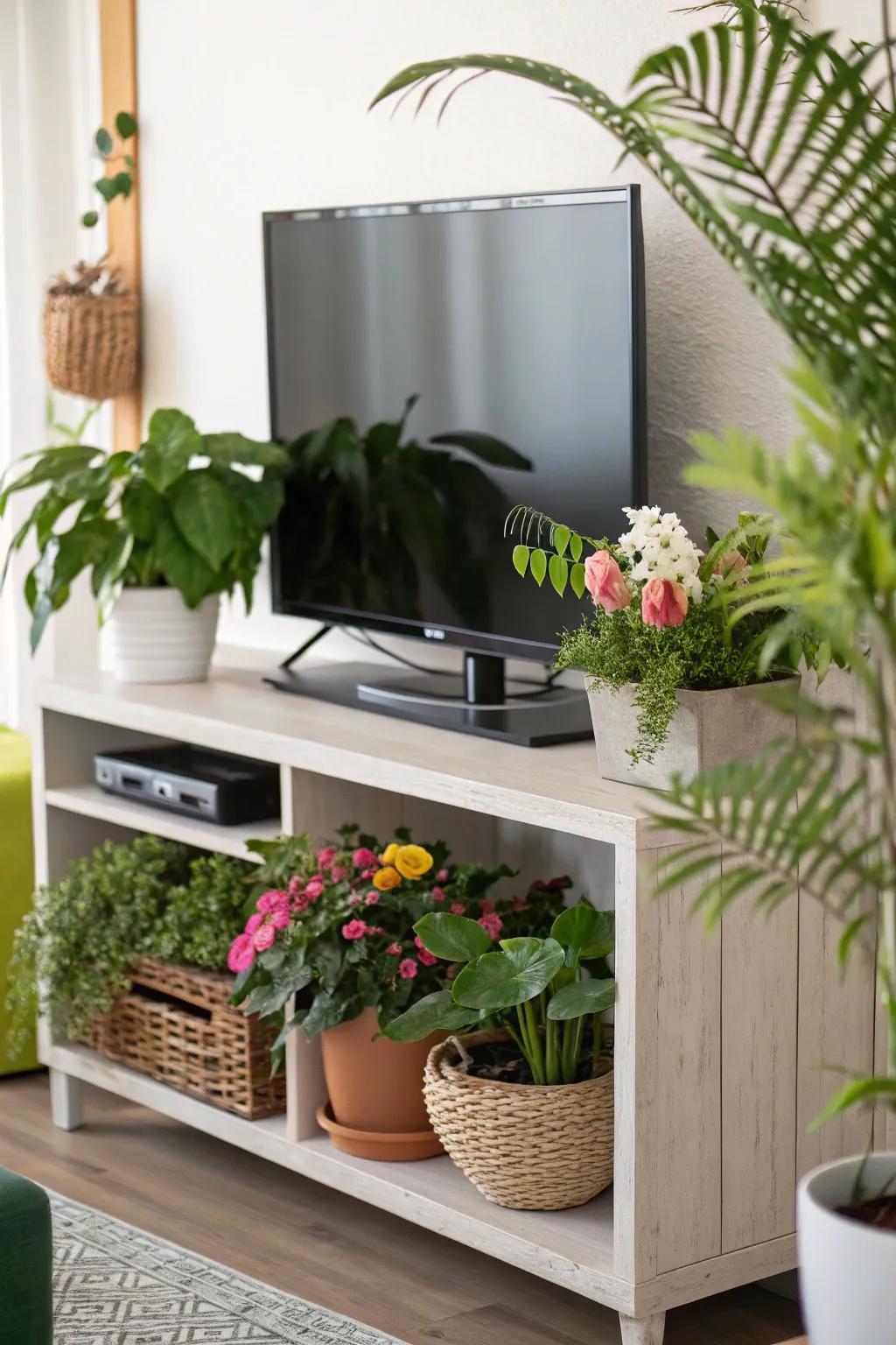 Entertainment center decor enhanced by a pop of natural greenery.