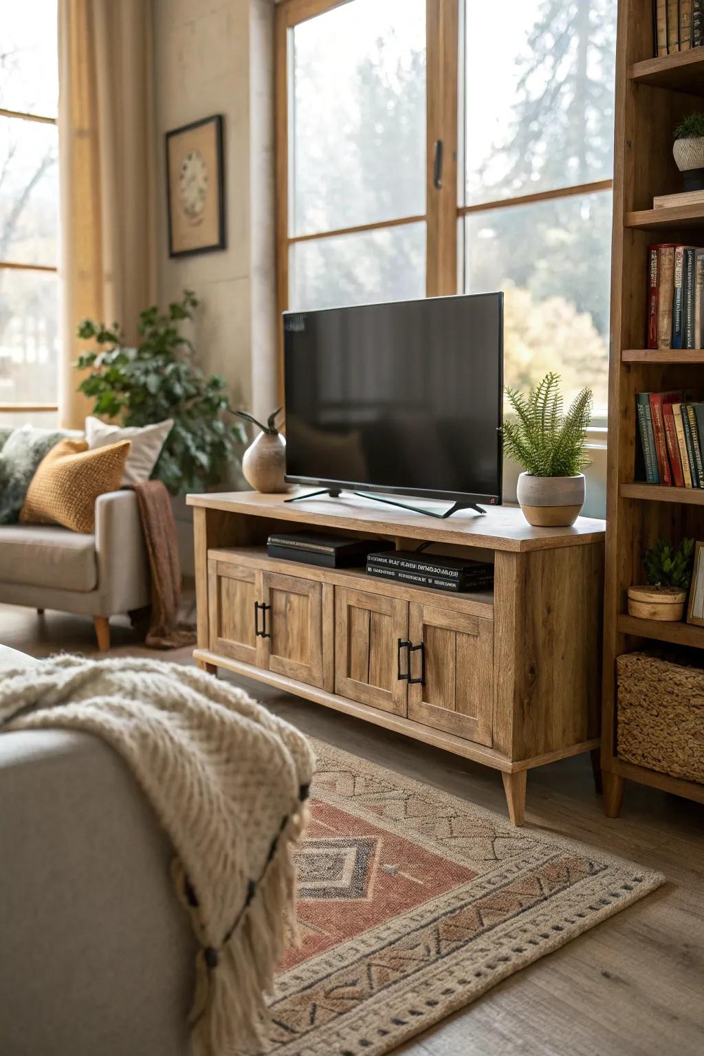 Organic wood elements amplify the inviting atmosphere of the living area.