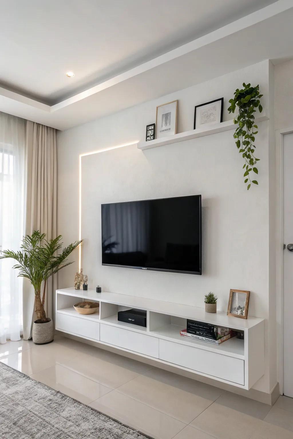 A minimalist TV wall radiating charm and clarity.