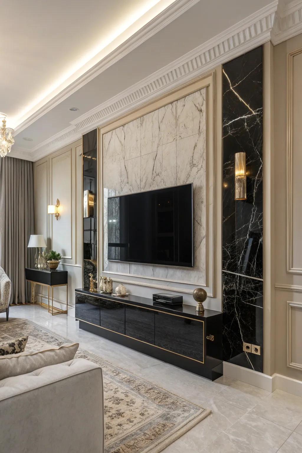 Marble accents provide a touch of luxury to this sophisticated TV wall.