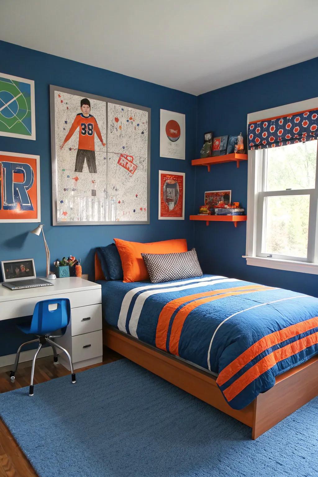 A lively bedroom showcasing a vibrant blue and orange color scheme.