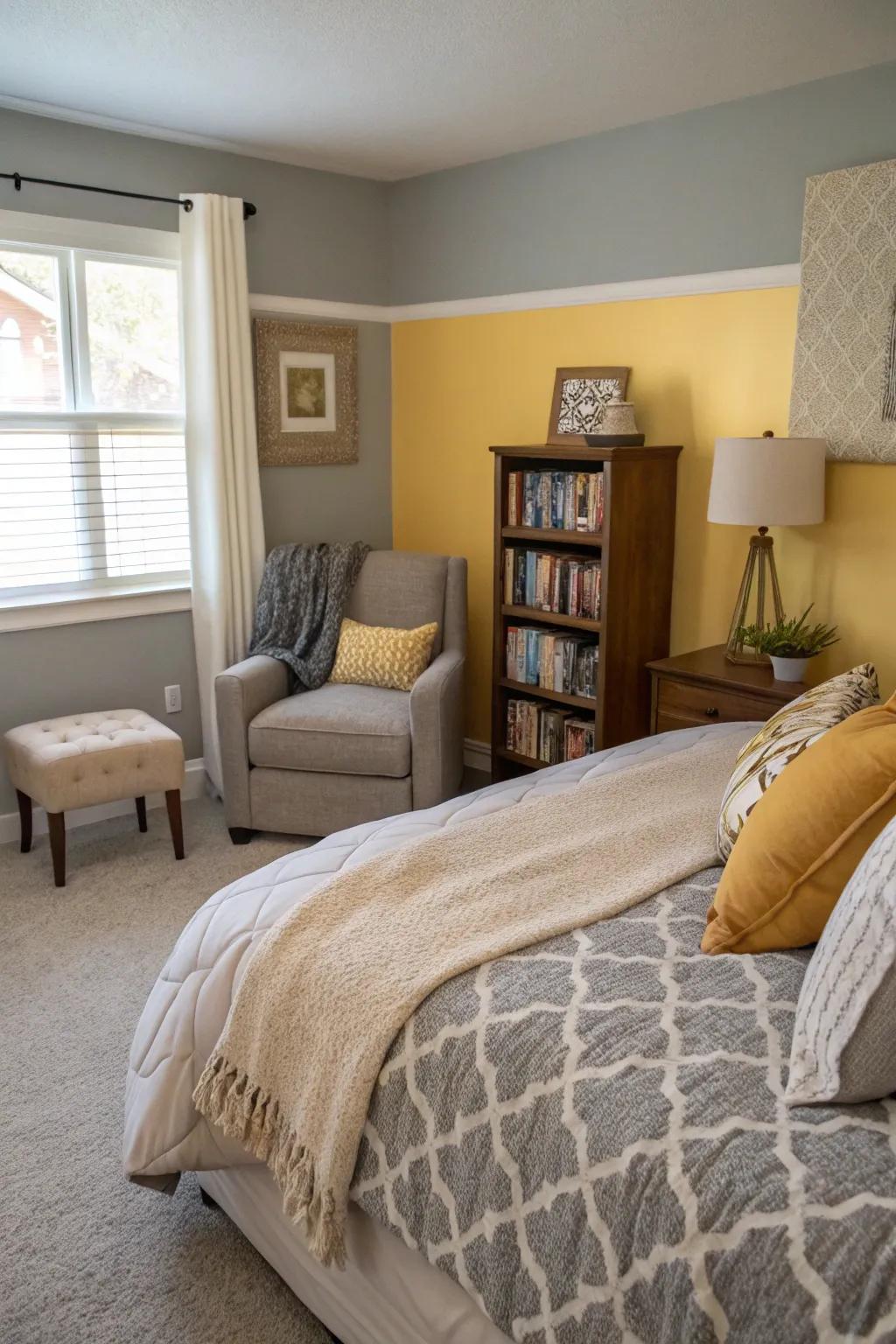 A bedroom adorned with gentle stone and soft sunburst walls, delivering a peaceful and welcoming vibe.
