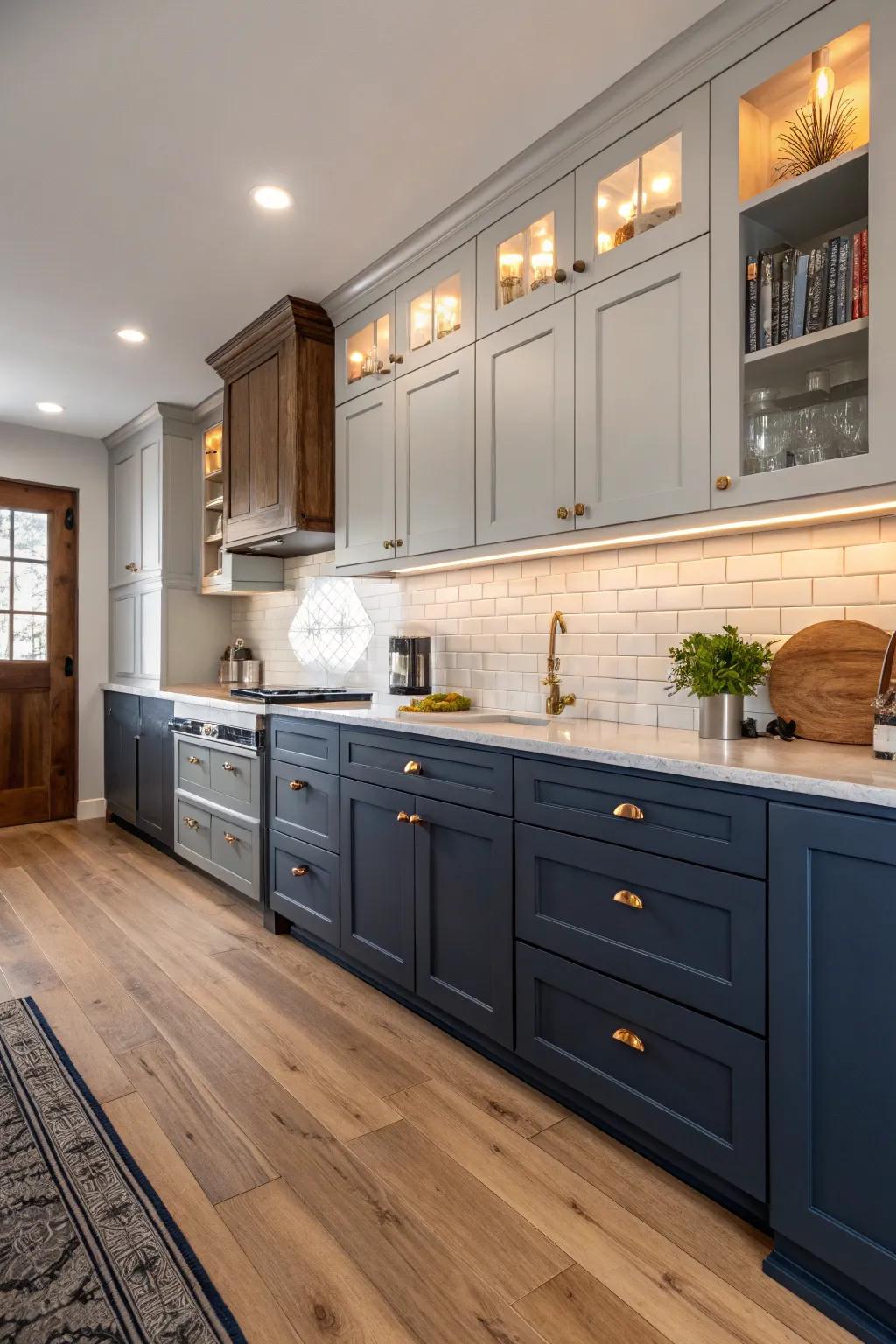 Enhance your kitchen with a navy and gray palette.
