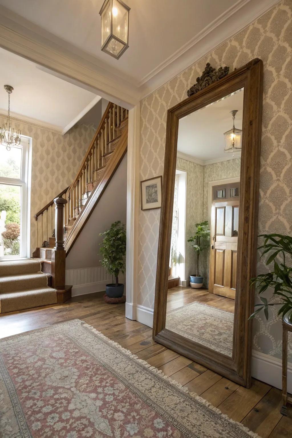 A statement looking glass boosts light and panache in an upper hallway.