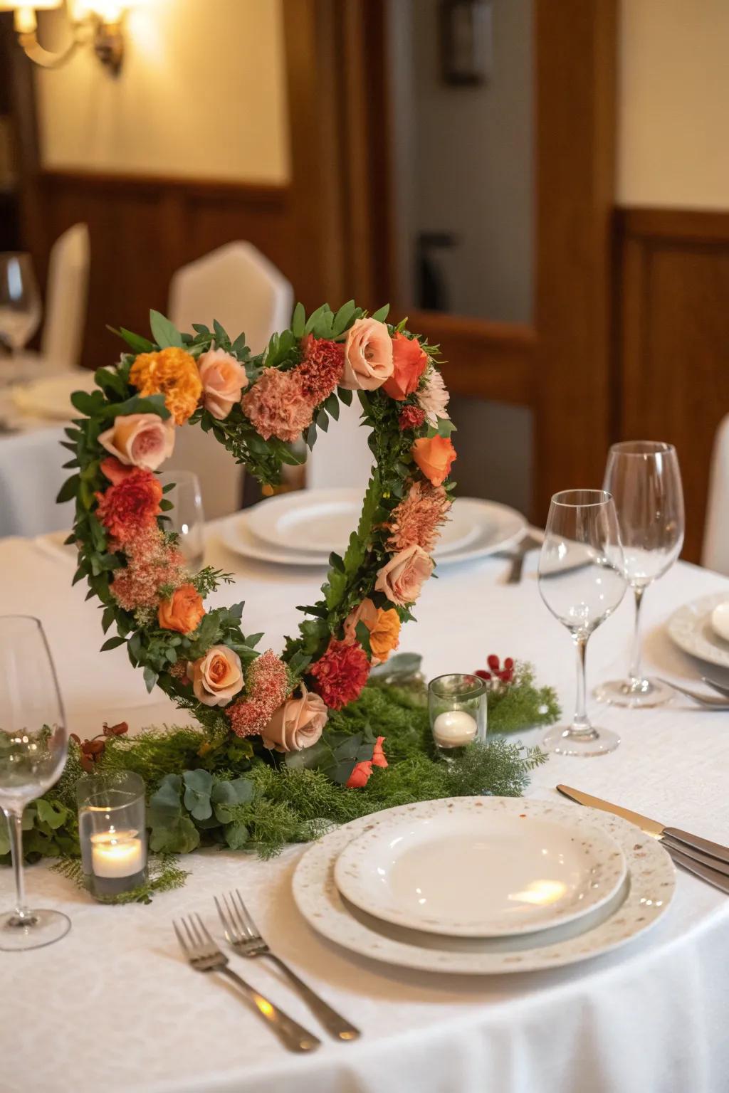 A heart-shaped garland includes an eccentric appeal to the table.