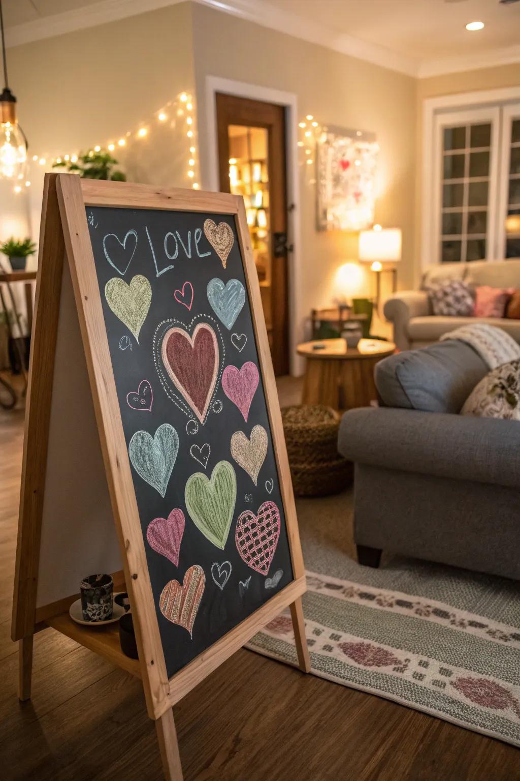 A slateboard overflowing with heart graphics.