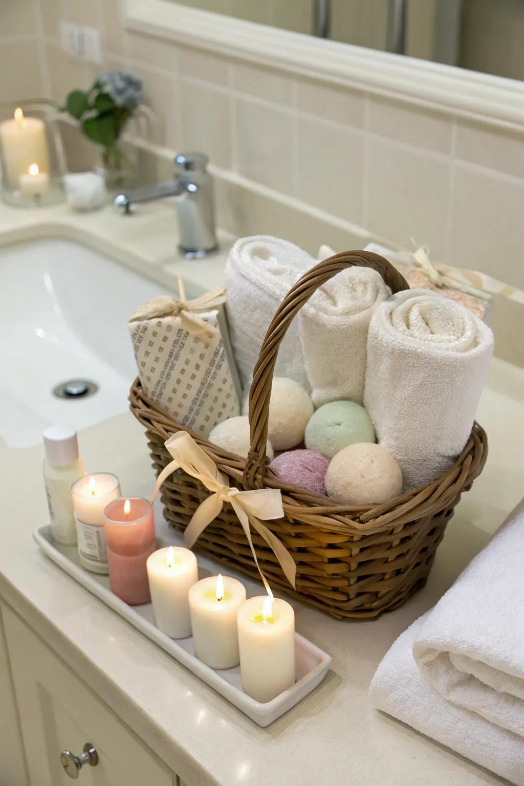 A revitalizing spa retreat presented in a basket, inviting relaxation and rejuvenation.