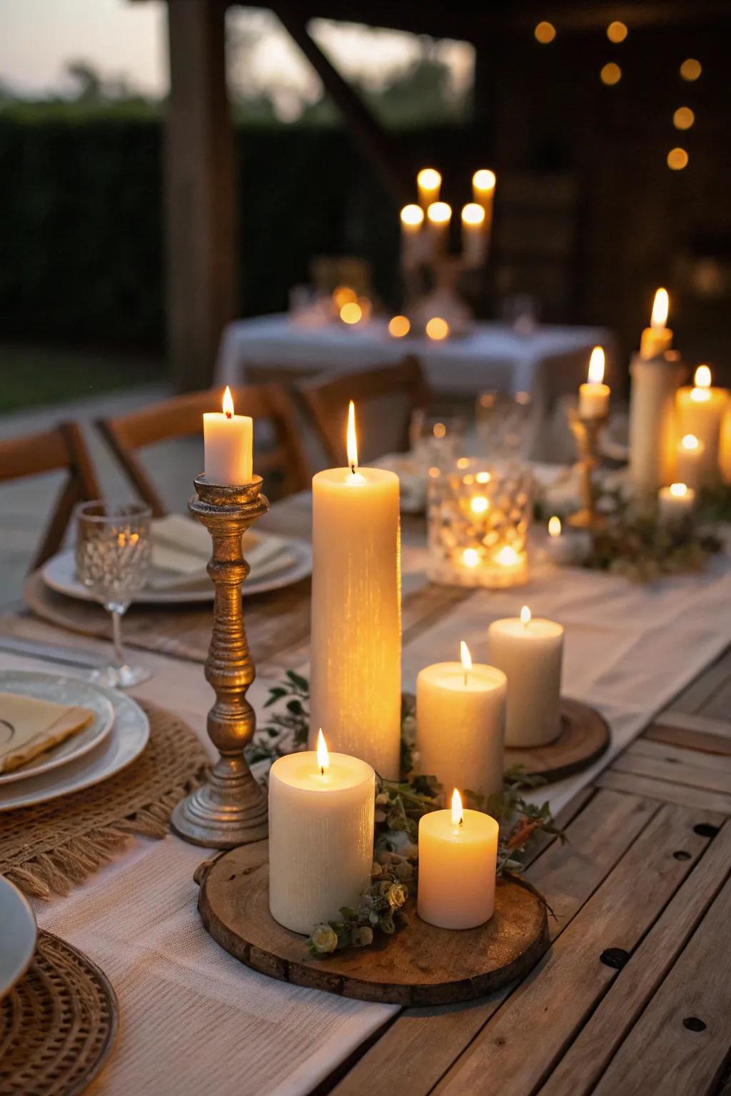 Varied height candles craft an intimate and romantic atmosphere.