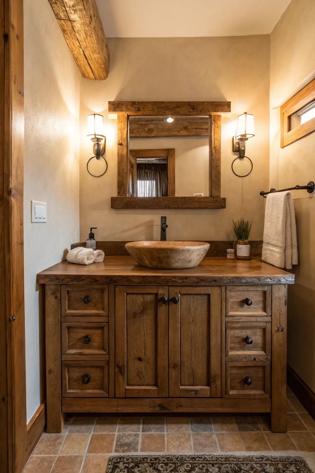 A countryside-chic lavatory showcasing striking wood textures.
