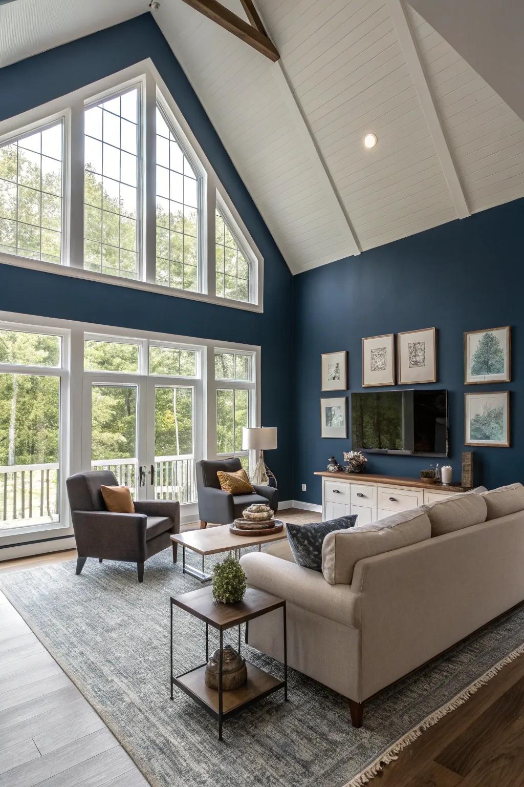 Modern living room with a dark blue feature wall and vaulted ceiling