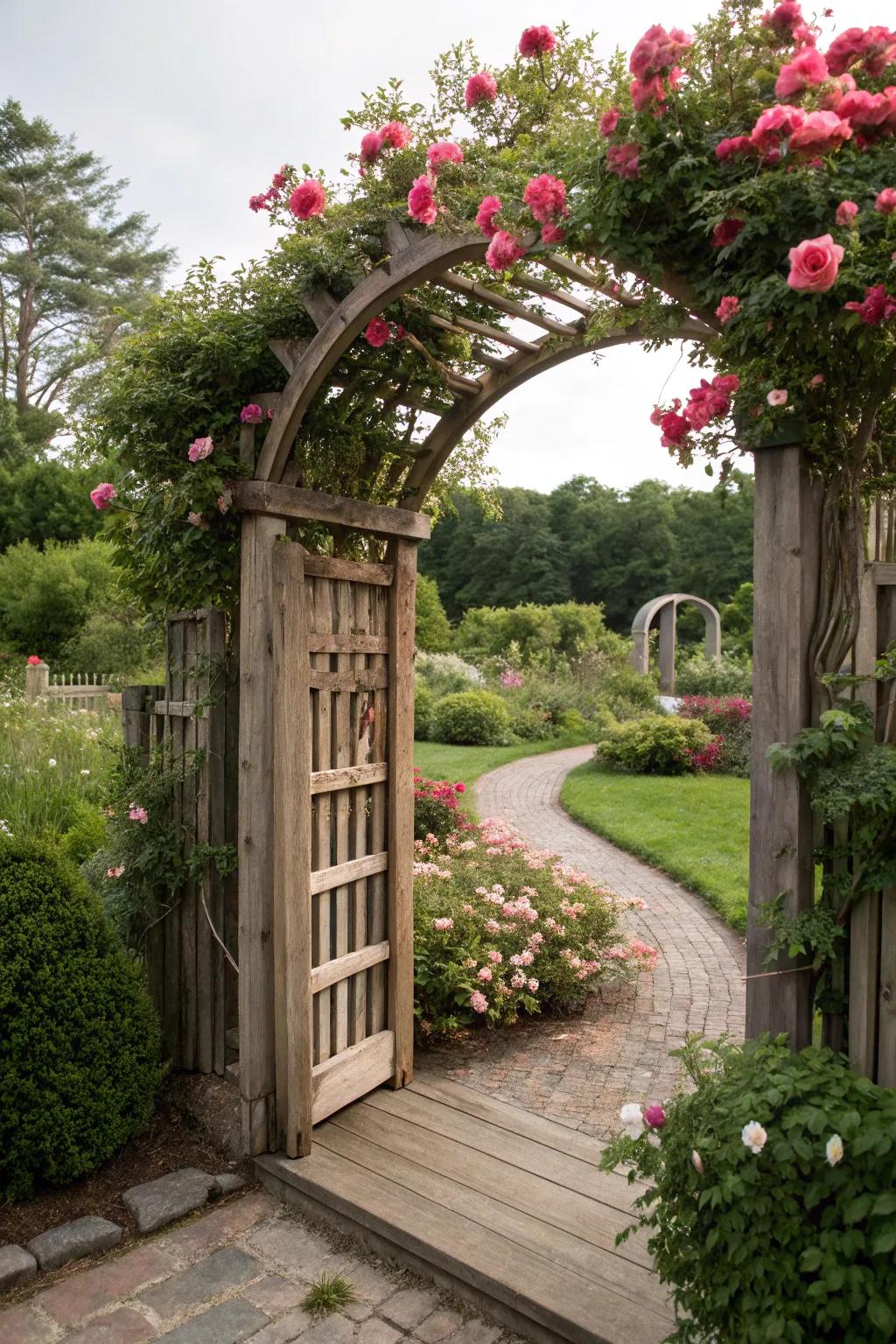 A curved trellis entryway decorated in radiant flowers.