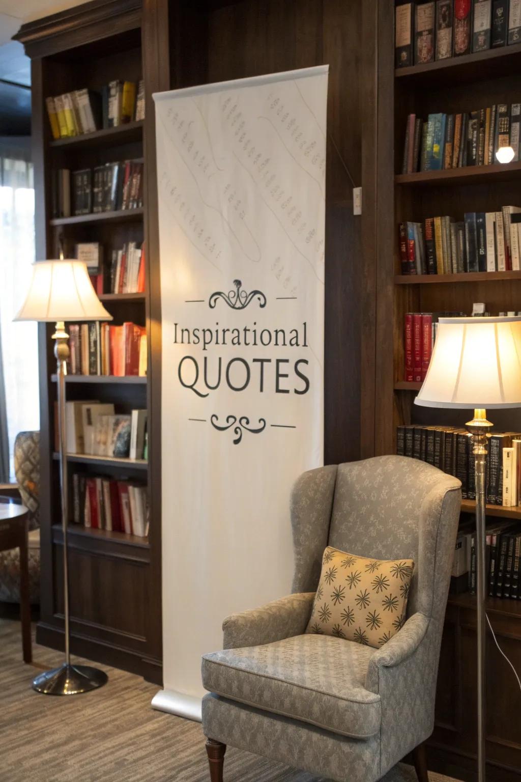 A banner featuring inspiring sayings infuses a snug reading nook with positivity.
