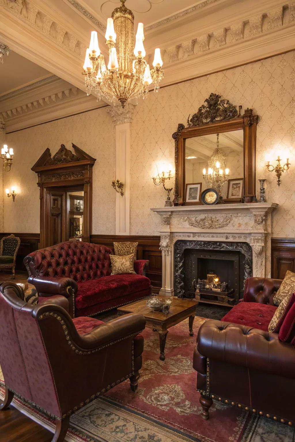 Sumptuous velvet and leather textures render this Victorian living space an absolute pleasure to touch.