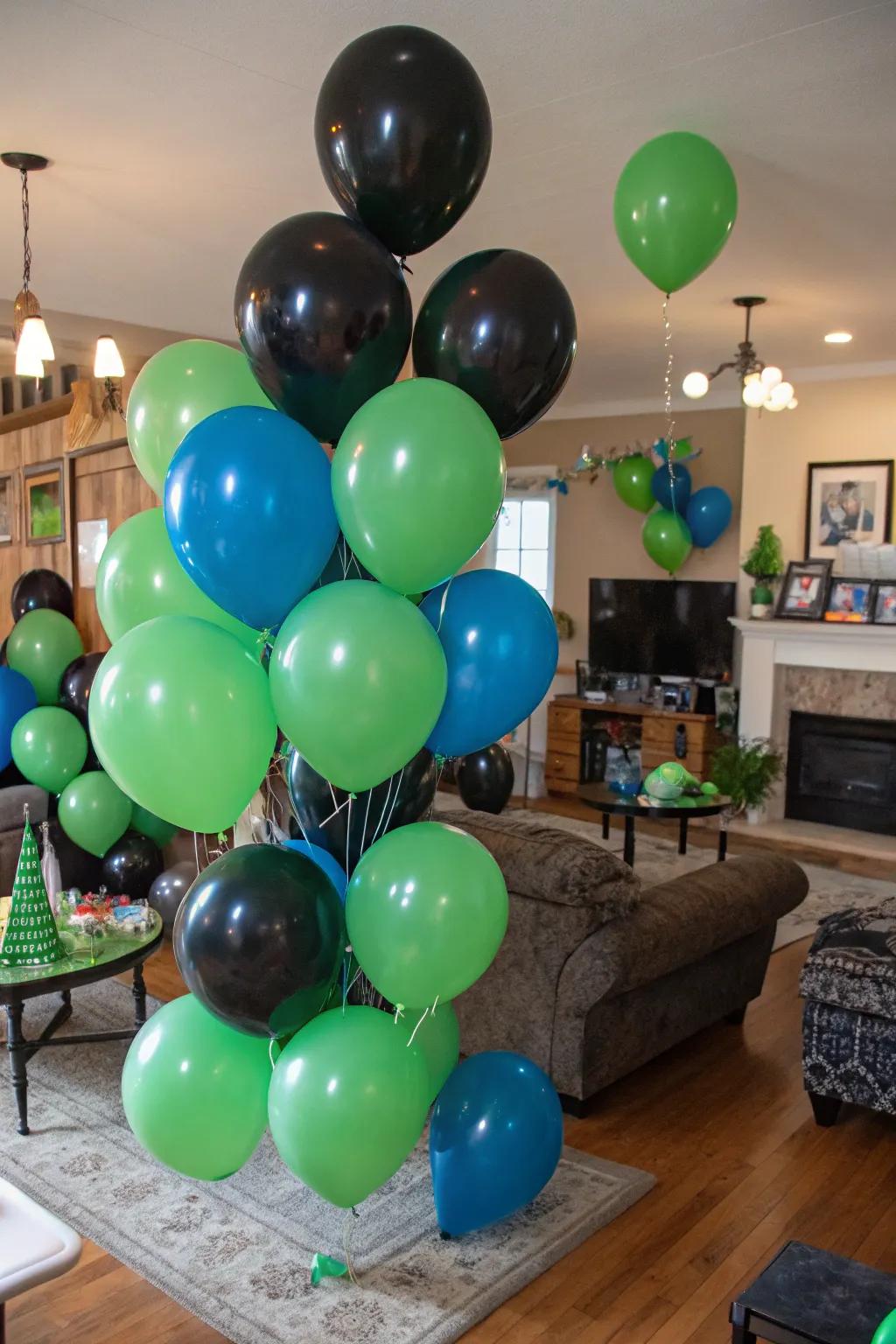 Balloons bursting with game-inspired hues bring a lively festivity to the event.
