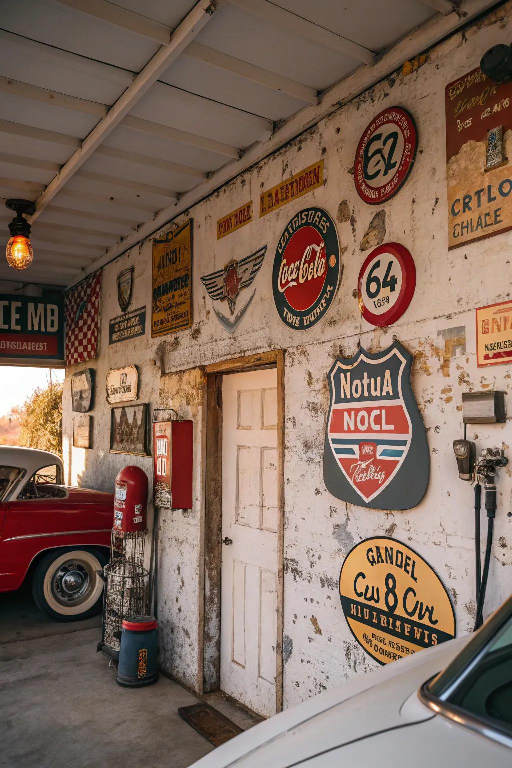 Epoch signboards bring a burst of nostalgia to a vintage garage.