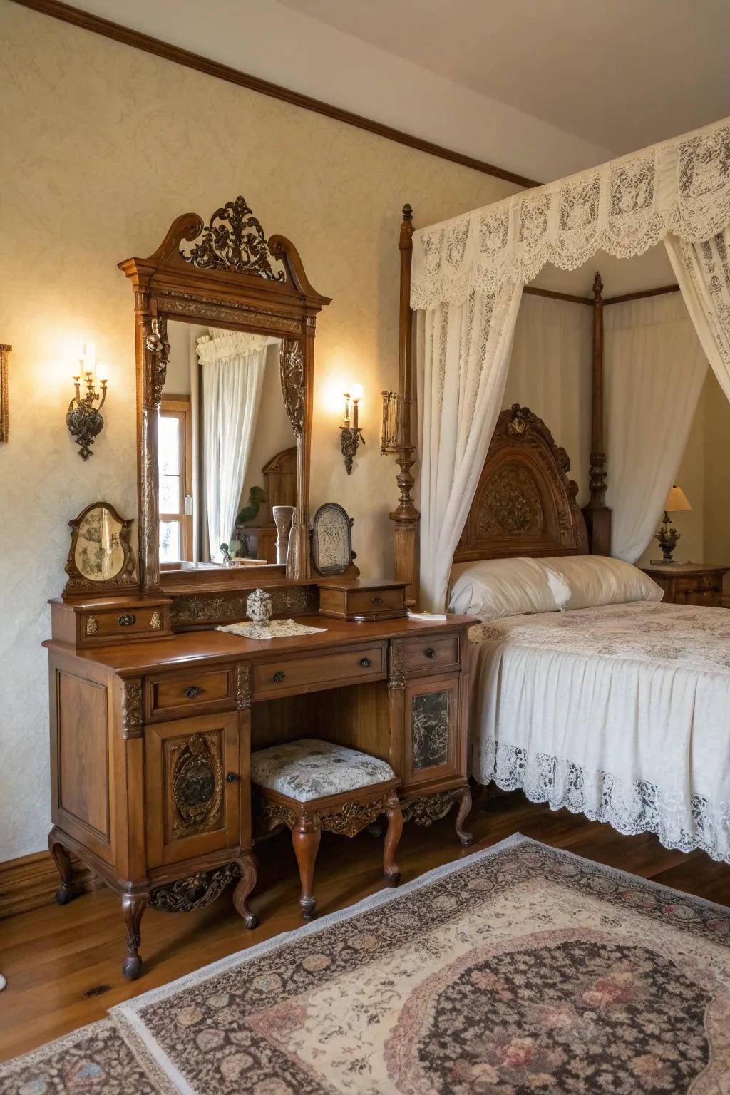 Traditional furniture designs with carved legs give sophistication to your vintage vanity.