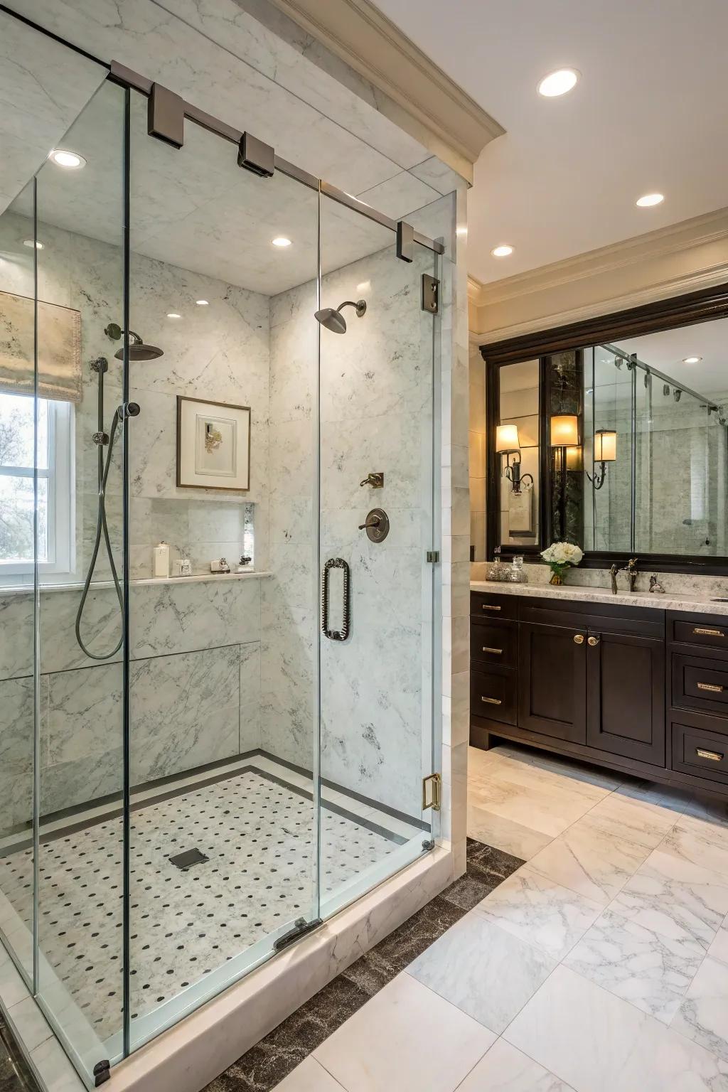 Lavish marble tiles and a glass barrier create an elegant shower space.