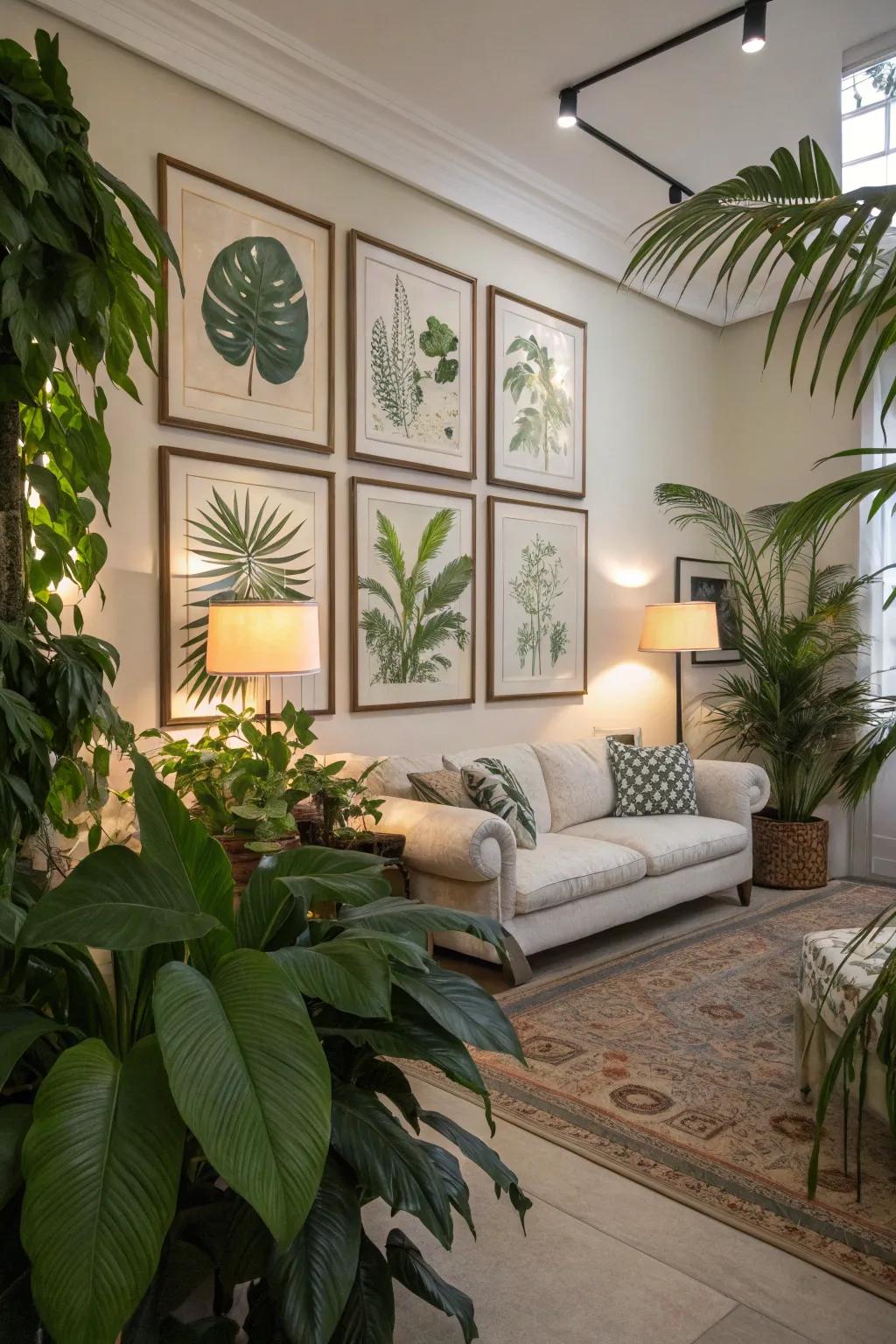 A living room showcasing plant-inspired prints and a peaceful atmosphere.