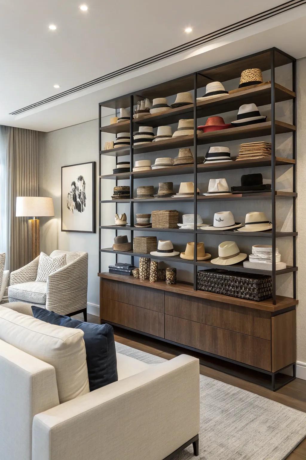 A modern living room with a structured hat display on shelves