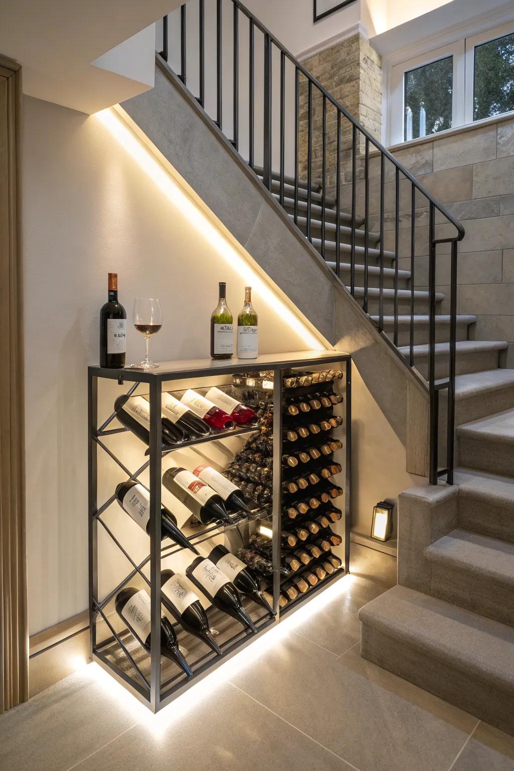 A refined wine storage space under the stairs is excellent for hosting.