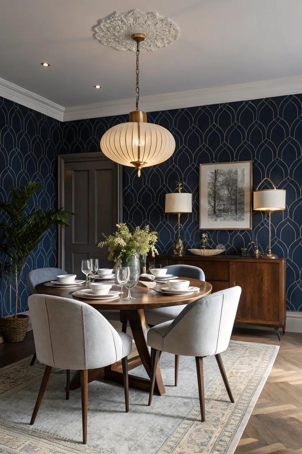 Bold wallpaper transforms a dining space into a dramatic setting.